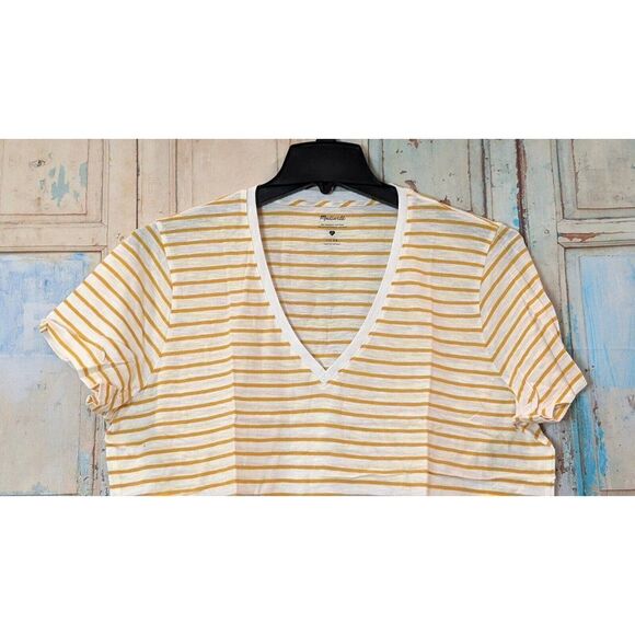 Madewell Womens Sz 2X Orange White Striped V Neck Short Sleeve Pullover T Shirt - Picture 4 of 7